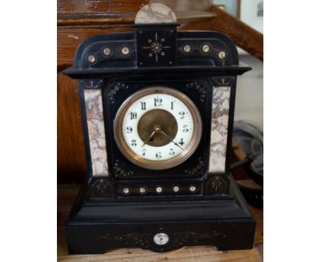 A Victorian slate and marble mantel clock with enamelled bezel, Arabic numerals and single train movement.