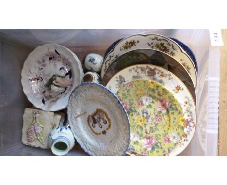 Two boxes of decorative ceramics, commemorative plates, decorative plates, teawares, cups and saucers, a collection of Crinol