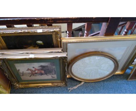 A pair of sporting prints inset ornate gilt frames, portrait study of a young woman, together with R. Campbell, cattle by a r