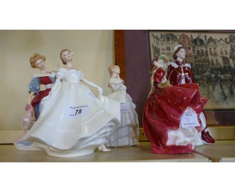 Four Royal Doulton figurines Nancy HN2955, Amy HN3316, Top O' the Hill HN1834 and Dawn HN3600 and a Royal Worcester figurine 