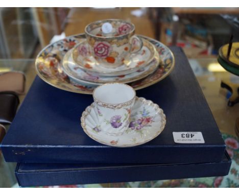 Two boxed Royal Worcester commemorative plates, 19th Century earthenware trio, Japanese Imari plaque, Dresden cabinet cup and