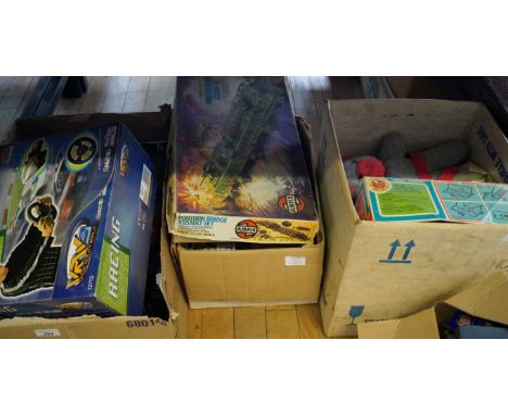 A collection of boxed models and games including a boxed diecast sun star model, Airfix construction kits, soft toys, wooden 