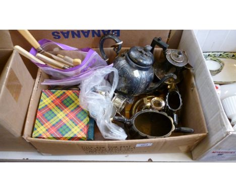 A box of plated ware including plated tea wares, chamber stick, sifters, sugar tongs and napkin rings, loose and cased cutler