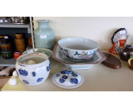 A 19th Century octagonal earthenware bowl, Chinese landscape footed bowl, blue and white Chinese pot and cover with dog of fa