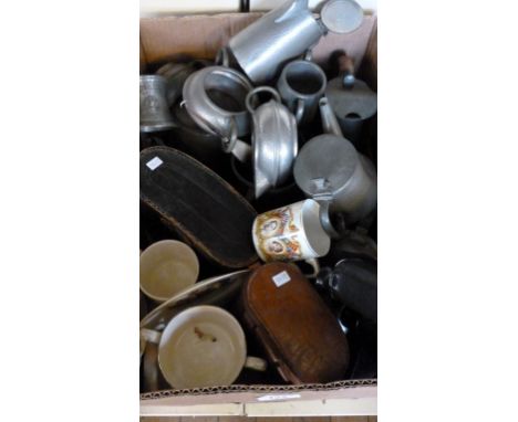 A cased pair of vintage Franks of Manchester binoculars, a second pair of binoculars, quantity of pewter ware and commemorati