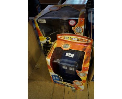 A boxed radio controlled Dr Who dalek, boxed tardis, and a tardis cooler, a Star Wars figure, together with other collectable