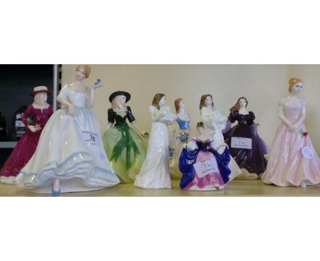 A Royal Doulton figurine Paula HN3234, Christmas Parcels and Christmas Day, three modern Royal Worcester figurines and three 