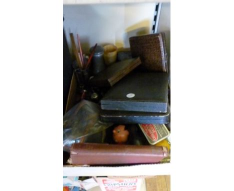 A box of sundry items to include  cased bean end coffee spoons, mother of pearl opera glasses, vintage gas mask, social chess