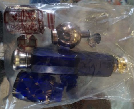 A Bristol blue and silver-plated doubled capped perfume bottleLength 14cm, a further Bristol blue perfume bottle with cross s