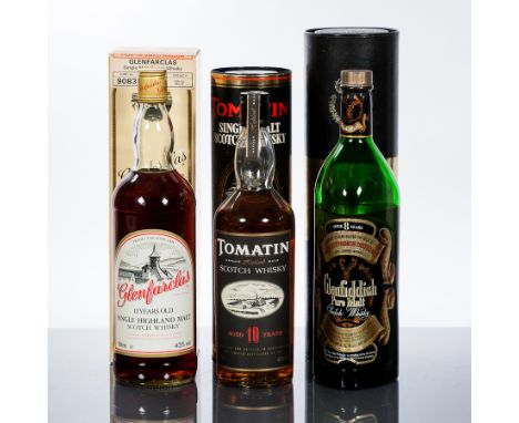 TOMATIN 10 YEAR OLD
Single Highland Scotch Whisky. 75cl, 40% volume, in tube.
GLENFARCLAS 12 YEAR OLD
Single Highland Scotch 