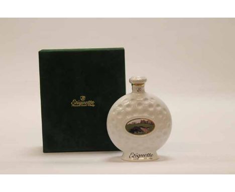 ETIQUETTE ST. ANDREWS FINEST SCOTCH WHISKY 
Blended Scotch Whisky by Scotia Duncarron, Denny, in golf themed ceramic decanter