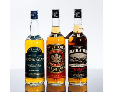 LOCHNAGAR 12 YEAR OLD
Single Highland Scotch Whisky by John Begg. 26 2/3 fl oz/ 75.7 cl, 70° Proof.
DUFFTOWN - GLENLIVET 8 YE