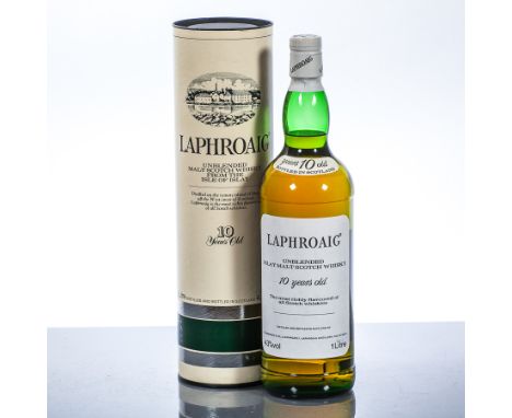 LAPHROAIG 10 YEAR OLD
Unblended Islay Malt Scotch Whisky with pre-Royal Warrant label. 1 L, 43% volume, in tube. CONDITION RE