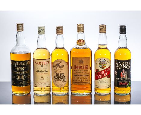 HAIG
Blended Scotch Whisky. 1 L. No strength stated.
WHYTE & MACKAYS "SUPREME"
Blended Scotch Whisky, 1L, 75°.
BAXTER'S BARLE