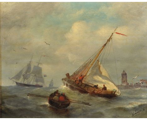 Petrus Paulus Schiedges (1813-1876) Dutch. A Seascape with Shipping in Rough Waters, Oil on Panel, Signed and Dated '76, 10" 