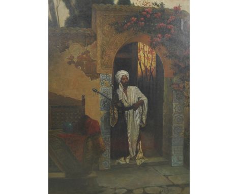 20th Century European School. An Arabian Figures Standing in an Arch, with a Pipe, Oil on Canvas, Indistinctly Signed, 38" x 