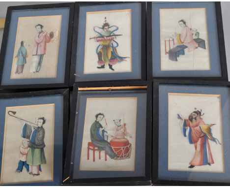19th Century Chinese School. Figures Playing a Drum, Watercolour on Rice Paper, 6" x 3.5", together with another five by the 