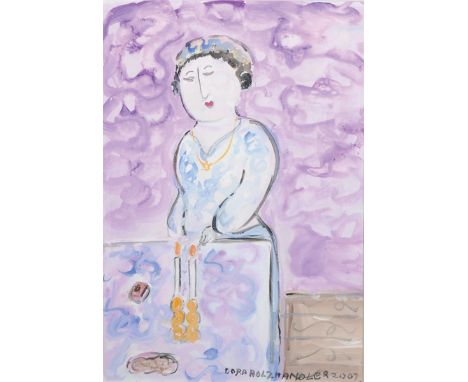 Dora Holzhandler (1928-2015) French/British. A Lady Lighting Candles, Mixed Media, Signed and Dated 2007, 11.75" x 8".