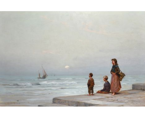 Georges R... Ricard-Cordingley (1873-1939) French. 'Awaiting Their Return', a Beach Scene with Young Children Watching the Bo
