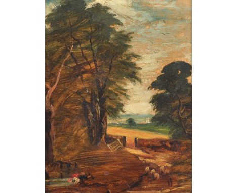 After John Constable (1776-1837) British. The Watering Hole, Oil on Board, 8" x 6".