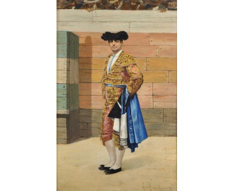 Adolfo Del Aguila Y Pimental (act.1830-1895) Spanish. A Matador Standing in the Ring, Oil on Panel, Signed, 11" x 7", and the