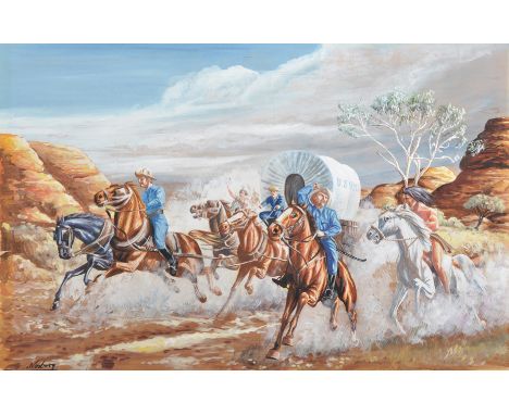 I... Norbury (20th Century) American. A US Army Coach with Soldiers, being Attacked by Red Indians, Mixed Media, Signed, Unfr