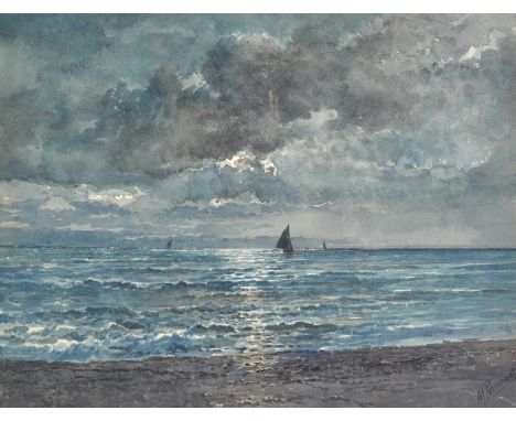 Maurice Perronnet (1877-1950) French. A Seascape at Dusk, with Shipping in the distance, Watercolour, Signed, 9" x 11.5".