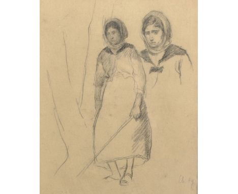Charles Jean Agard (1866-1950) French. Study of a Lady by a Tree, Holding a Stick, Charcoal, Signed, 10.75" x 9".