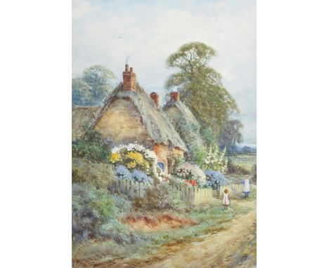 Alexander Molyneux Stannard (1878-1975) British. Two Children Playing, by a Cottage Surrounded by Flowers, Watercolour, Signe