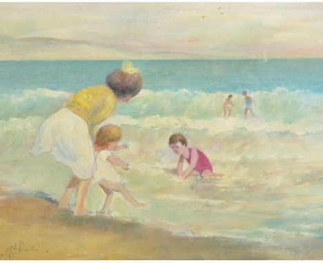 Noel J... Dowling (20th - 21st Century) British. Children Playing in the Sea, Oil on Paper, Signed, 9.5" x 12".