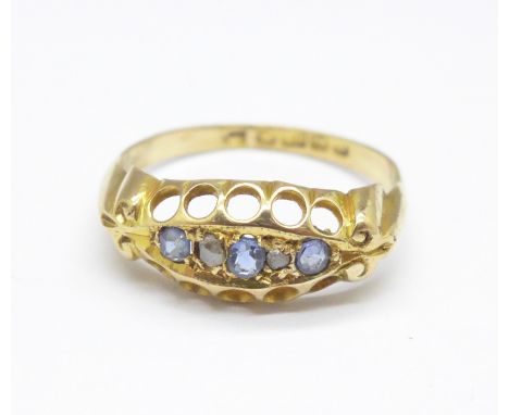 An 18ct gold, sapphire and diamond ring, two stones replaced, 2g, J 