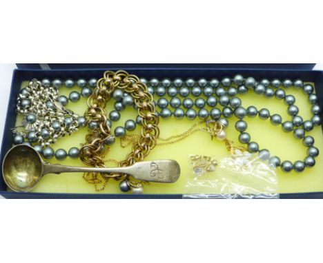 Jewellery including an opal set pendant and a plated bracelet, and a Victorian silver mustard spoon 