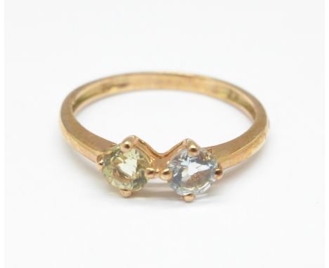 A 9ct gold, two colour gemstone set ring, 1.3g, M 