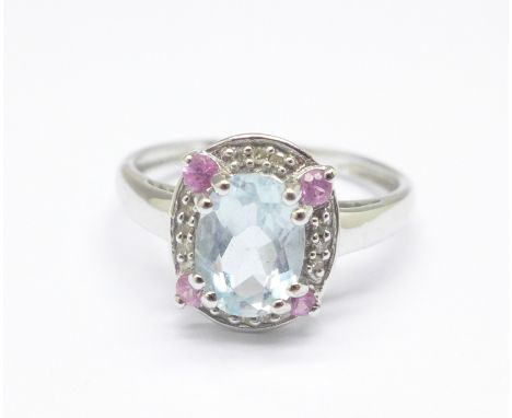 A 9ct gold, aquamarine, pink sapphire and diamond cluster ring, 2.5g, O 