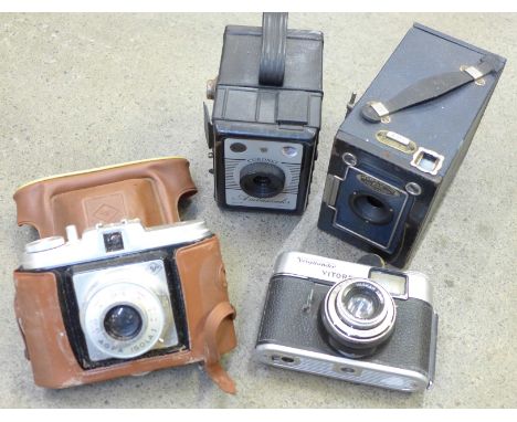 Duo-Ensign 2¼ B camera, a Voigtlander camera and two others 
