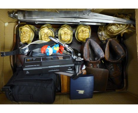 Assorted items including a wooden tray, Halina camera, Canon 72mm zoom lens, watches, pocket watch, hip flask, etc. **PLEASE 