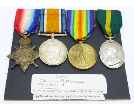 Four medals; WWI trio and Territorial Efficiency medal to 2486 Cpl. H.H. Popplewell 10/L'Pool R. 