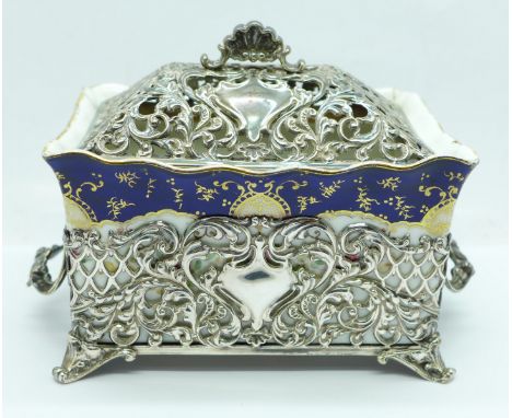 A Coalport silver mounted trinket box or pot pourri, Sheffield 1906, James Dixon, width without handles 11cm, (Coalport pot a