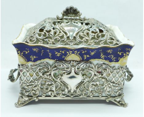 A Coalport silver mounted trinket box or pot pourri, Sheffield 1906, James Dixon, width without handles 11cm, (Coalport pot a