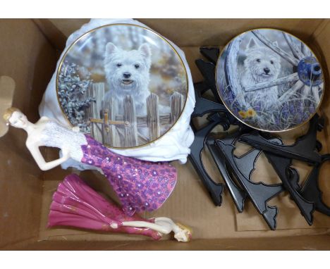 Twelve assorted Westie plates with stands and two Royal Worcester figures **PLEASE NOTE THIS LOT IS NOT ELIGIBLE FOR POSTING 