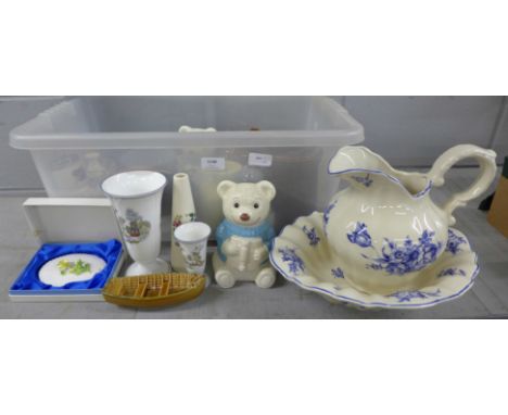 Four pieces of Wedgwood Chinese Legend, a Coalport plaque, Wade, Worcester coddlers, a jug and bowl, glassware, Teddy bear bo