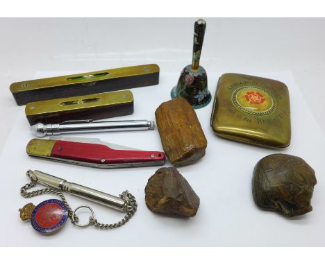 A cigarette case marked Lancashire Division, spirit levels, cloisonne bell, boulder opal, etc. 