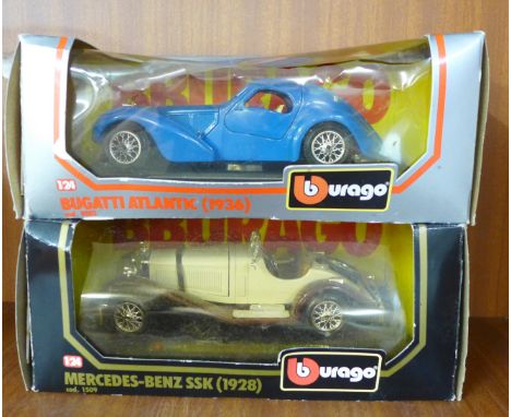 Two Burago die-cast cars, Mercedes-Benz SSK (1928) and Bugatti Atlantic (1936), boxed 