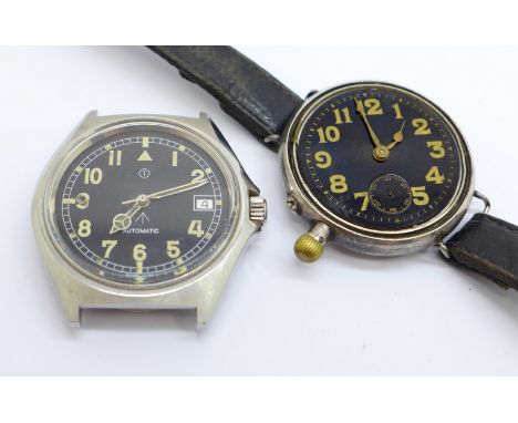 A silver cased trench wristwatch with black dial and wire lugs, a/f, no bezel or glass, and one other military style wristwat