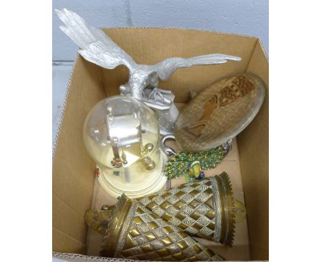 A pair of wall pockets, an eagle, a swan, a peacock trinket pot, a plaque and a clock **PLEASE NOTE THIS LOT IS NOT ELIGIBLE 