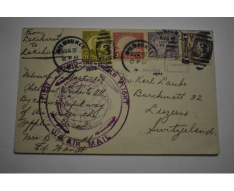 Zeppelin First Round - The - World Flight U.S . Air mail cachet on 1929 U.S.A PPC posted Milwaukee to Switzerland bearing 4 a