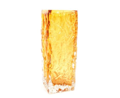 Whitefriars Manner - A vintage 20th century studio art glass vase. Square bark texture in an amber / orange. 22cm