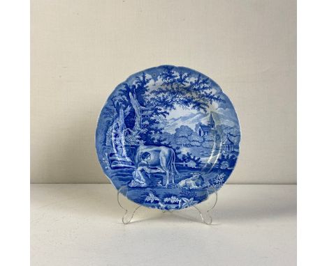 A rare early 19th century blue and white transfer ware Don Pottery Milkmaid pattern lobed plate C.1825 with inscribed labels 