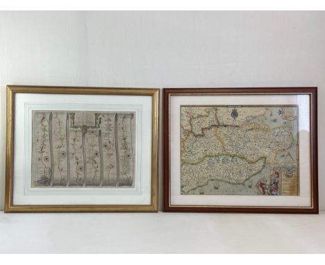 Two hand coloured and engraved maps to include one possibly late 17th century titled 'The Road from London to Portsmouth in c