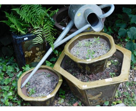 A Chinese style hexagonal garden planter, another similar smaller example, a garden jardiniere, etc. 